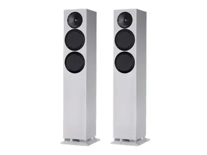 Enceintes ATOHM SIROCCO 2.24 paire colonne compacte blanc satin noyer walnut chene clair light oak filtre réglable bass reflex stereo haut parleur