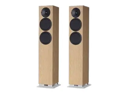 Enceintes ATOHM SIROCCO 2.24 paire colonne compacte blanc satin noyer walnut chene clair light oak filtre réglable bass reflex stereo haut parleur