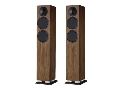 Enceintes ATOHM SIROCCO 2.24 paire colonne compacte blanc satin noyer walnut chene clair light oak filtre réglable bass reflex stereo haut parleur